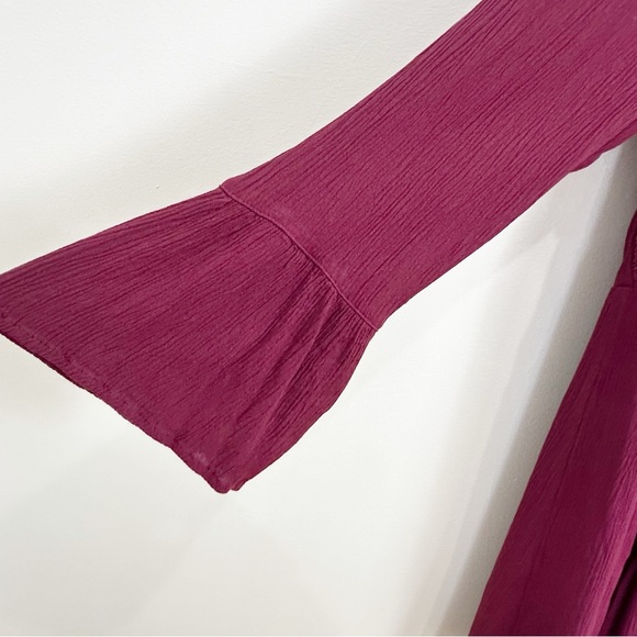 Torrid Lace Up Crinkle Gauze Flowy Long Sleeve Mini Skater Dress Burgundy - Picture 9 of 14